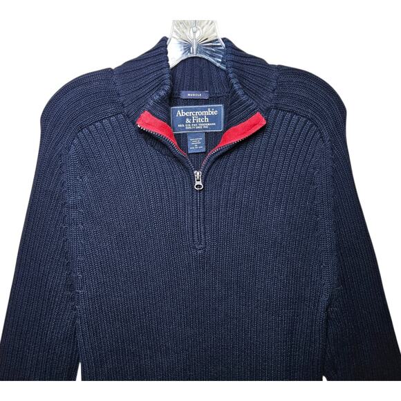 ABERCROMBIE & FITCH Men XL Sweater Muscle Ribbed 1/4 Zip Y2K Navy Red Preppy 46" - Picture 2 of 8
